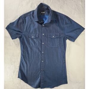 XS Express Men’s Slim Performance Button Up Short Sleeve Shirt Navy Blue Pockets